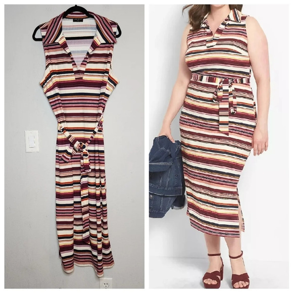 Lane Bryant Sleeveless Polo Midi Dress Stretchy Ribbed Jersey Multi Stripe 22/24 - Picture 1 of 13